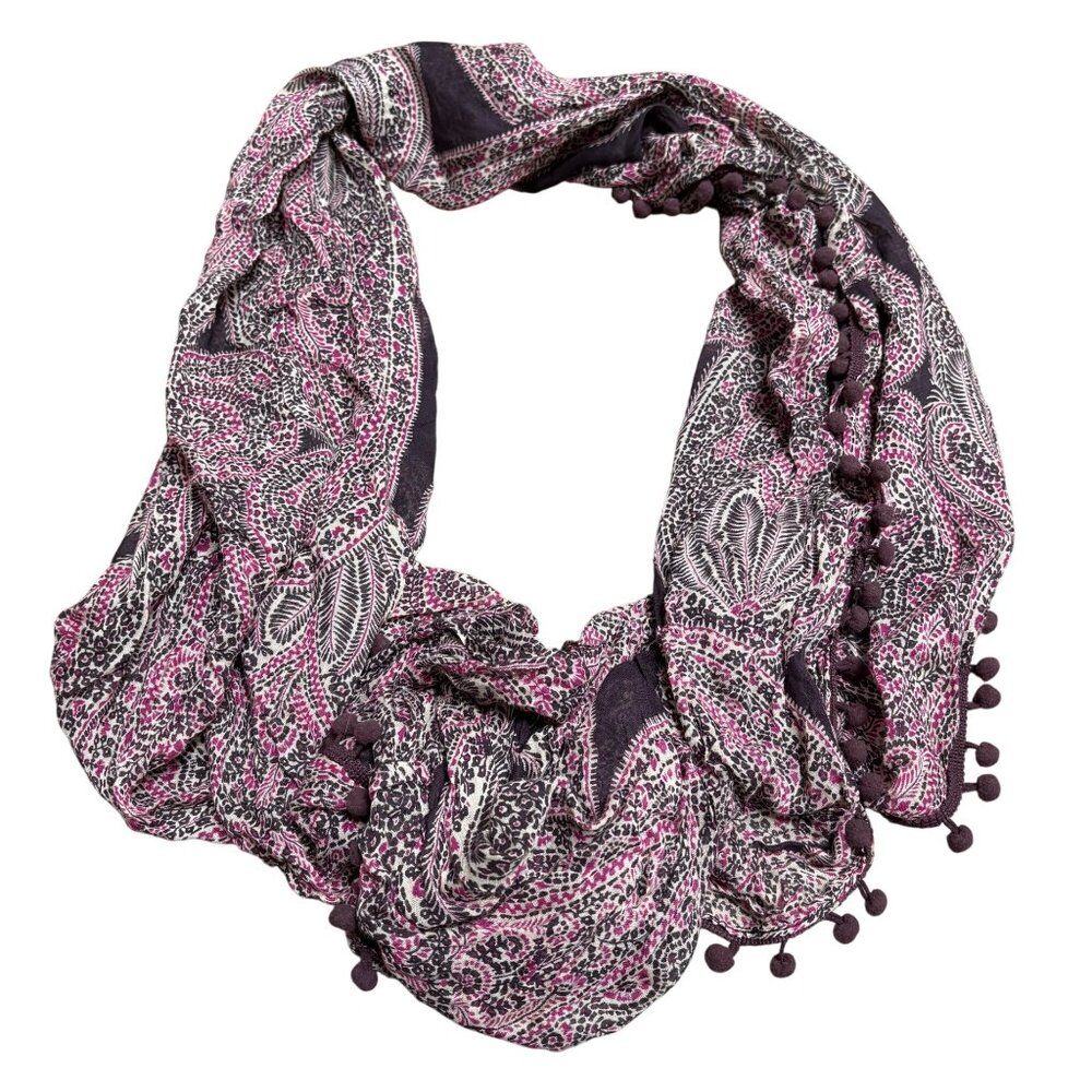 Ann Taylor Bohemian Paisley Print Infinity Scarf With Pom Pom Trim - Pink & Blac